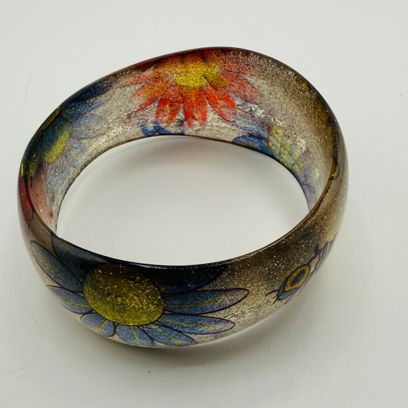 Vintage Glitter Art Deco Boho Bangle Cuff With Flowers & Bees X-Large - Picture 1 of 13